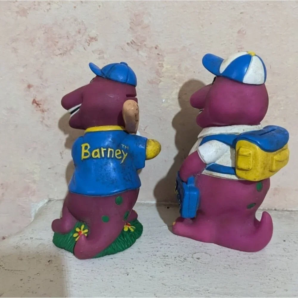 vintage Barney Dinosaur Coin Bank Pair With‎ Baseball & School Outfit purple